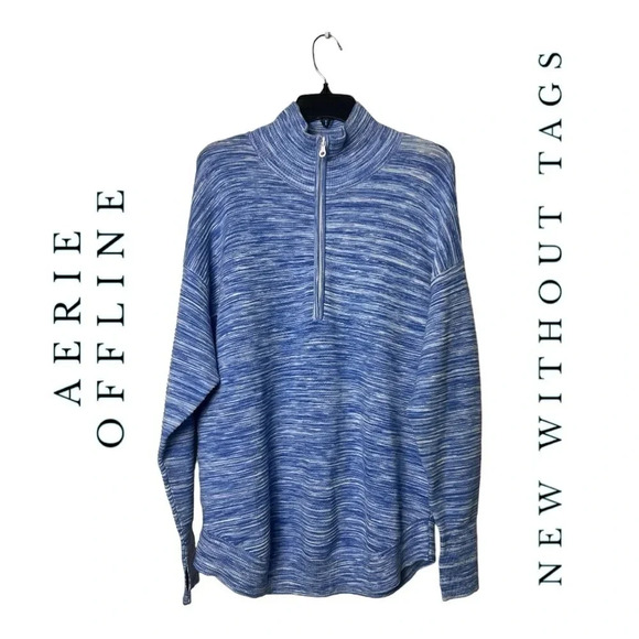 1451. AERIE OFFLINE LONG SLEEVE 1/4 ZIP SWEATER RIBBED BLUE/WHITE COLOR MARBLE - Picture 1 of 9